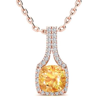 1 3/4 Carat Cushion Cut Citrine and Classic Halo Diamond Necklace In 14 Karat Rose Gold, 18 Inches
