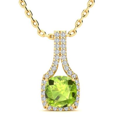 1 3/4 Carat Cushion Cut Peridot and Classic Halo Diamond Necklace In 14 Karat Yellow Gold, 18 Inches