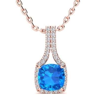 2 Carat Cushion Cut Blue Topaz and Classic Halo Diamond Necklace In 14 Karat Rose Gold, 18 Inches