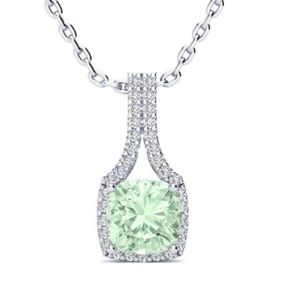 1 2/3 Carat Cushion Cut Green Amethyst and Classic Halo Diamond Necklace In 14 Karat White Gold, 18 Inches