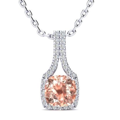 2 Carat Cushion Shape Morganite Necklace with Diamond Halo In 14 Karat White Gold With 18 Inch Chain