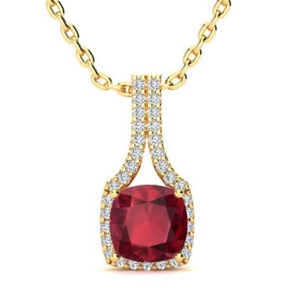 2 Carat Cushion Cut Ruby and Classic Halo Diamond Necklace In 14 Karat Yellow Gold, 18 Inches