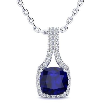 2 Carat Cushion Cut Sapphire and Classic Halo Diamond Necklace In 14 Karat White Gold, 18 Inches