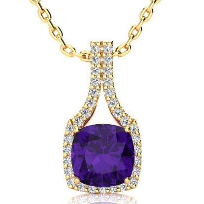 2 1/2 Carat Cushion Cut Amethyst and Classic Halo Diamond Necklace In 14 Karat Yellow Gold, 18 Inches