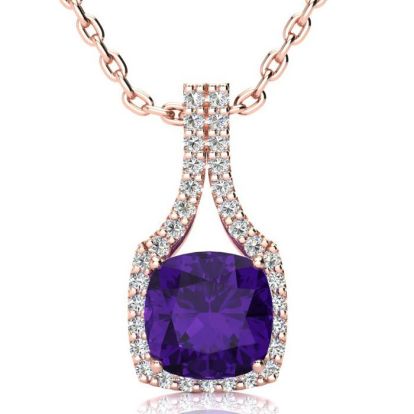 2 1/2 Carat Cushion Cut Amethyst and Classic Halo Diamond Necklace In 14 Karat Rose Gold, 18 Inches