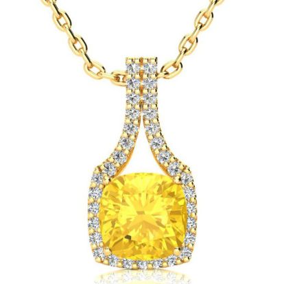 2 1/2 Carat Cushion Cut Citrine and Classic Halo Diamond Necklace In 14 Karat Yellow Gold, 18 Inches