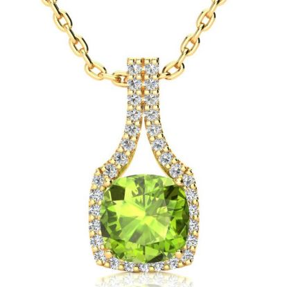 3 Carat Cushion Cut Peridot and Classic Halo Diamond Necklace In 14 Karat Yellow Gold, 18 Inches