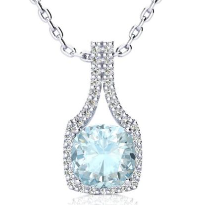 Aquamarine Necklace: Aquamarine Jewelry: 2 1/2 Carat Cushion Cut Aquamarine and Classic Halo Diamond Necklace In 14 Karat White Gold, 18 Inches