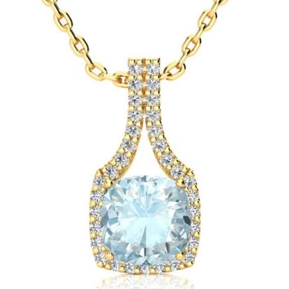 Aquamarine Necklace: Aquamarine Jewelry: 2 1/2 Carat Cushion Cut Aquamarine and Classic Halo Diamond Necklace In 14 Karat Yellow Gold, 18 Inches