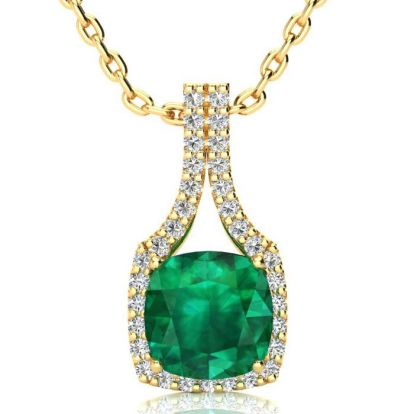 2-1/2 Carat Cushion Shape Emerald Necklaces With Diamond Halo In 14 Karat Yellow Gold, 18 Inch Chain