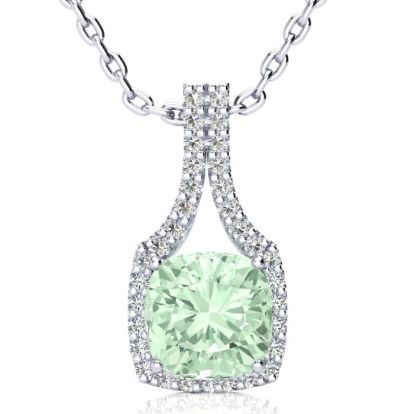 2 1/2 Carat Cushion Cut Green Amethyst and Classic Halo Diamond Necklace In 14 Karat White Gold, 18 Inches