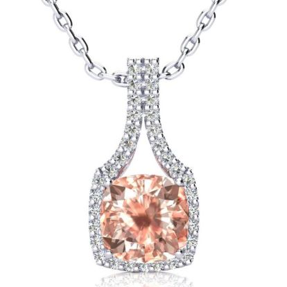 3-1/2 Carat Cushion Shape Morganite Necklace with Diamond Halo In 14 Karat White Gold With 18 Inch Chain