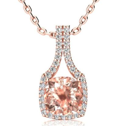 3-1/2 Carat Cushion Shape Morganite Necklace with Diamond Halo In 14 Karat Rose Gold With 18 Inch Chain
