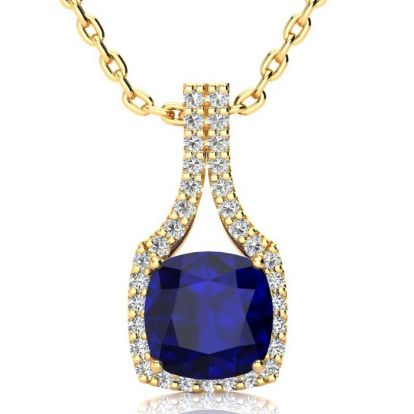 3 1/2 Carat Cushion Cut Sapphire and Classic Halo Diamond Necklace In 14 Karat Yellow Gold, 18 Inches