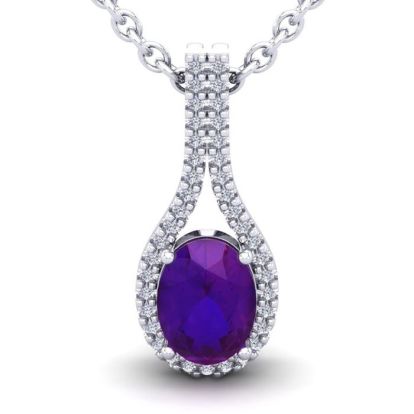 1 1/4 Carat Oval Shape Amethyst and Halo Diamond Necklace In 14 Karat White Gold, 18 Inches