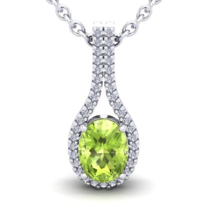 1 1/2 Carat Oval Shape Peridot and Halo Diamond Necklace In 14 Karat White Gold, 18 Inches