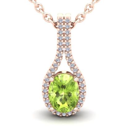 1 1/2 Carat Oval Shape Peridot and Halo Diamond Necklace In 14 Karat Rose Gold, 18 Inches