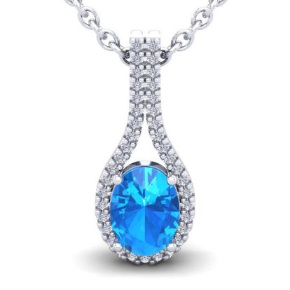 1 3/4 Carat Oval Shape Blue Topaz and Halo Diamond Necklace In 14 Karat White Gold, 18 Inches