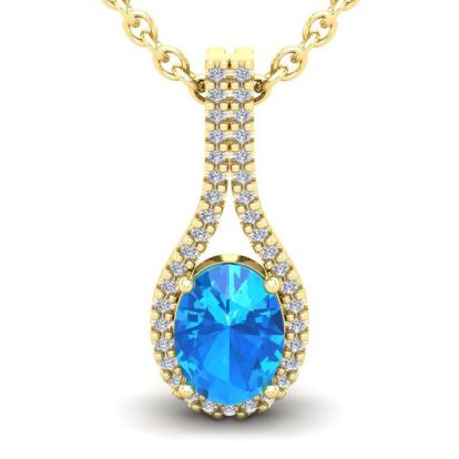1 3/4 Carat Oval Shape Blue Topaz and Halo Diamond Necklace In 14 Karat Yellow Gold, 18 Inches
