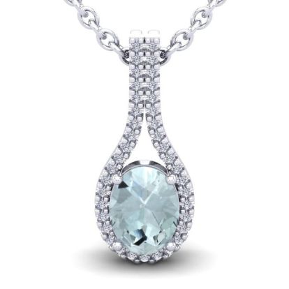 Aquamarine Necklace: Aquamarine Jewelry: 1 1/3 Carat Oval Shape Aquamarine and Halo Diamond Necklace In 14 Karat White Gold, 18 Inches
