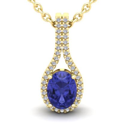 1 1/2 Carat Oval Shape Tanzanite and Halo Diamond Necklace In 14 Karat Yellow Gold, 18 Inches