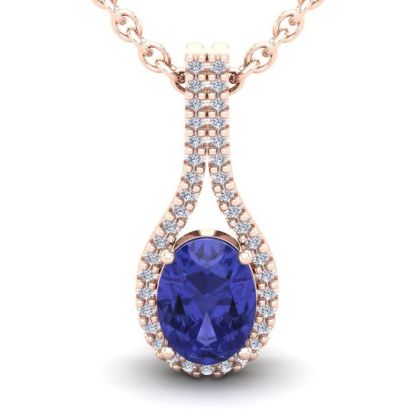1 1/2 Carat Oval Shape Tanzanite and Halo Diamond Necklace In 14 Karat Rose Gold, 18 Inches