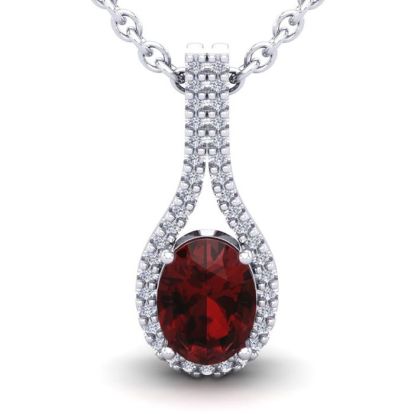 Garnet Necklace: Garnet Jewelry: 1 3/4 Carat Oval Shape Garnet and Halo Diamond Necklace In 14 Karat White Gold, 18 Inches