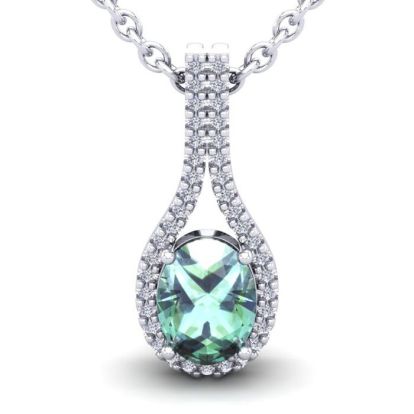 1 1/4 Carat Oval Shape Green Amethyst and Halo Diamond Necklace In 14 Karat White Gold, 18 Inches