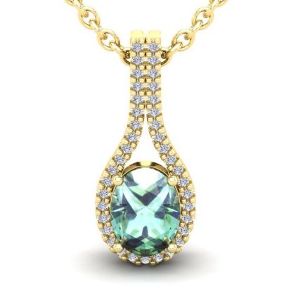 1 1/4 Carat Oval Shape Green Amethyst and Halo Diamond Necklace In 14 Karat Yellow Gold, 18 Inches