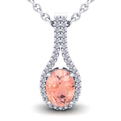 1-1/3 Carat Oval Shape Morganite Necklace with Diamond Halo In 14 Karat White Gold With 18 Inch Chain