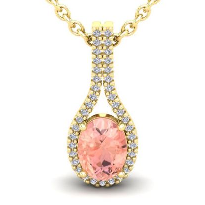 1-1/3 Carat Oval Shape Morganite Necklace with Diamond Halo In 14 Karat Yellow Gold With 18 Inch Chain