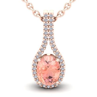 1-1/3 Carat Oval Shape Morganite Necklace with Diamond Halo In 14 Karat Rose Gold With 18 Inch Chain