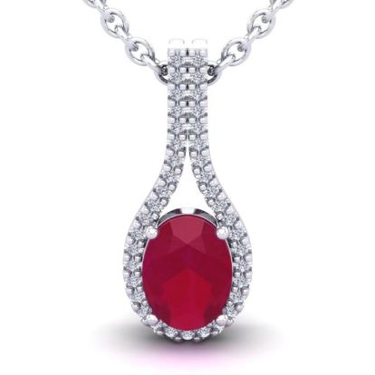 1 3/4 Carat Oval Shape Ruby and Halo Diamond Necklace In 14 Karat White Gold, 18 Inches
