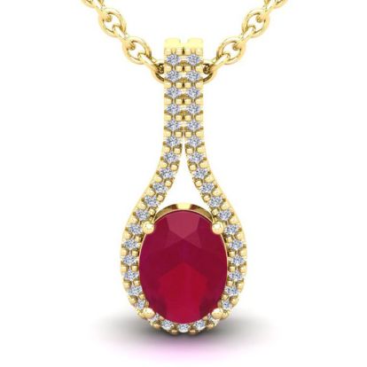 1 3/4 Carat Oval Shape Ruby and Halo Diamond Necklace In 14 Karat Yellow Gold, 18 Inches