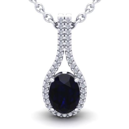 1 3/4 Carat Oval Shape Sapphire and Halo Diamond Necklace In 14 Karat White Gold, 18 Inches
