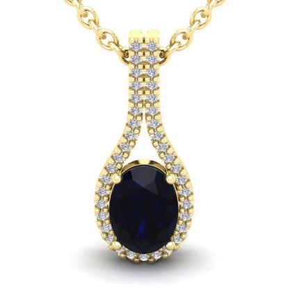 1 3/4 Carat Oval Shape Sapphire and Halo Diamond Necklace In 14 Karat Yellow Gold, 18 Inches