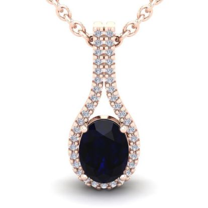 1 3/4 Carat Oval Shape Sapphire and Halo Diamond Necklace In 14 Karat Rose Gold, 18 Inches