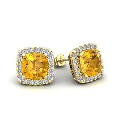 2 Carat Cushion Cut Citrine and Halo Diamond Stud Earrings In 14 Karat Yellow Gold