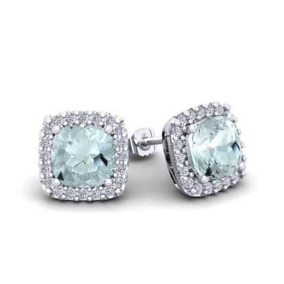 Aquamarine Earrings: Aquamarine Jewelry: 1 1/2 Carat Cushion Cut Aquamarine and Halo Diamond Stud Earrings In 14 Karat White Gold