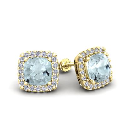 Aquamarine Earrings: Aquamarine Jewelry: 1 1/2 Carat Cushion Cut Aquamarine and Halo Diamond Stud Earrings In 14 Karat Yellow Gold