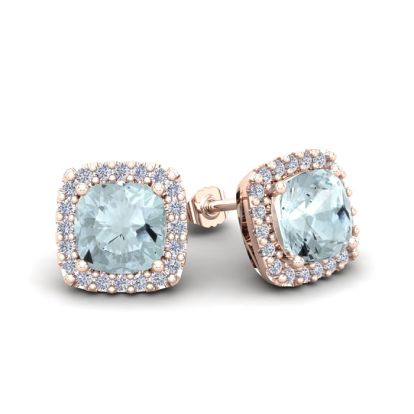 Aquamarine Earrings: Aquamarine Jewelry: 1 1/2 Carat Cushion Cut Aquamarine and Halo Diamond Stud Earrings In 14 Karat Rose Gold