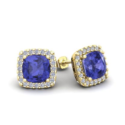 2 1/4 Carat Cushion Cut Tanzanite and Halo Diamond Stud Earrings In 14 Karat Yellow Gold
