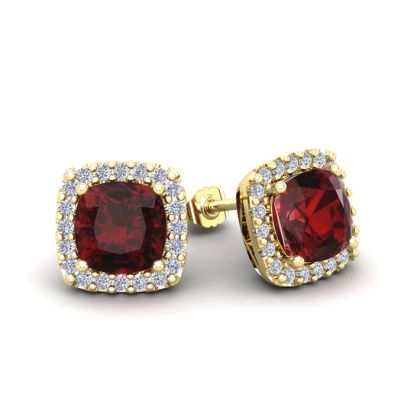 Garnet Earrings: Garnet Jewelry: 2 1/2 Carat Cushion Cut Garnet and Halo Diamond Stud Earrings In 14 Karat Yellow Gold