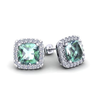 2 Carat Cushion Cut Green Amethyst and Halo Diamond Stud Earrings In 14 Karat White Gold