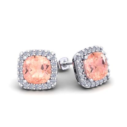 2 Carat Cushion Shape Morganite Earrings and Diamond Halo In 14 Karat White Gold