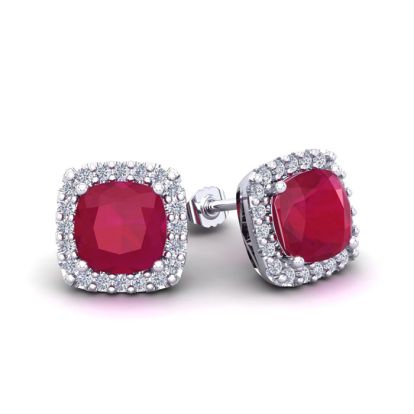 3 Carat Cushion Cut Ruby and Halo Diamond Stud Earrings In 14 Karat White Gold