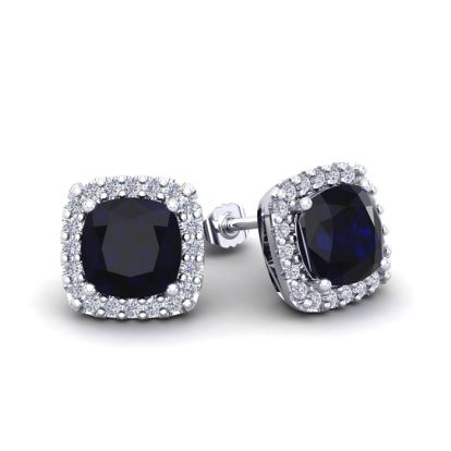 2 1/3 Carat Cushion Cut Sapphire and Halo Diamond Stud Earrings In 14 Karat White Gold