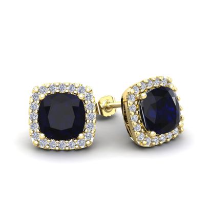 2 1/3 Carat Cushion Cut Sapphire and Halo Diamond Stud Earrings In 14 Karat Yellow Gold