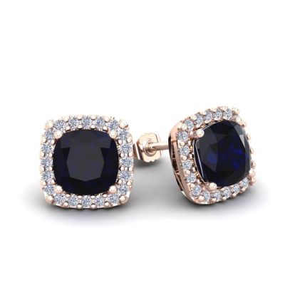 2 1/3 Carat Cushion Cut Sapphire and Halo Diamond Stud Earrings In 14 Karat Rose Gold