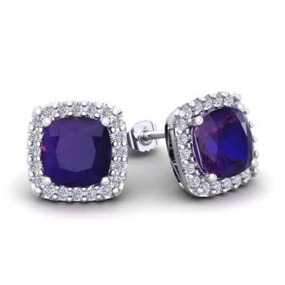 3 1/2 Carat Cushion Cut Amethyst and Halo Diamond Stud Earrings In 14 Karat White Gold